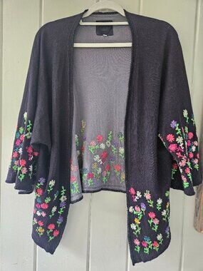BIYA Johnny Was Black Embroidered Floral Open Cardigan S